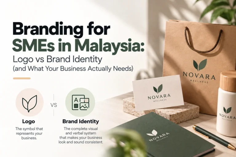 Branding for SMEs in Malaysia: logo vs brand identity, shown on business cards, packaging and a notebook