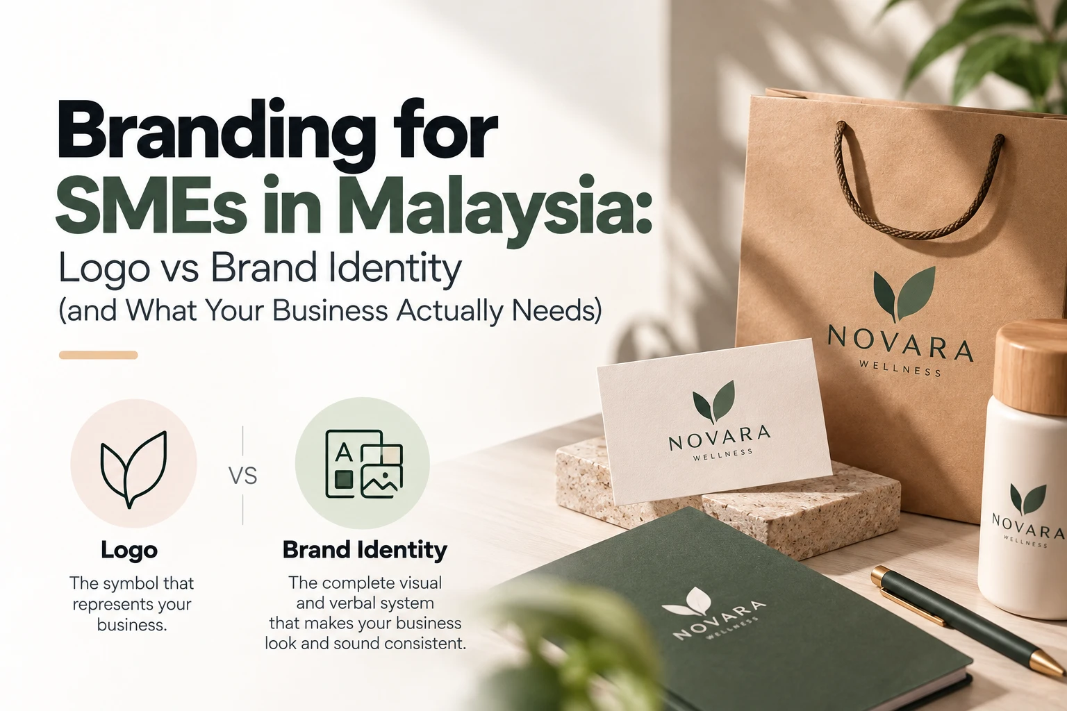 Branding for SMEs in Malaysia: logo vs brand identity, shown on business cards, packaging and a notebook
