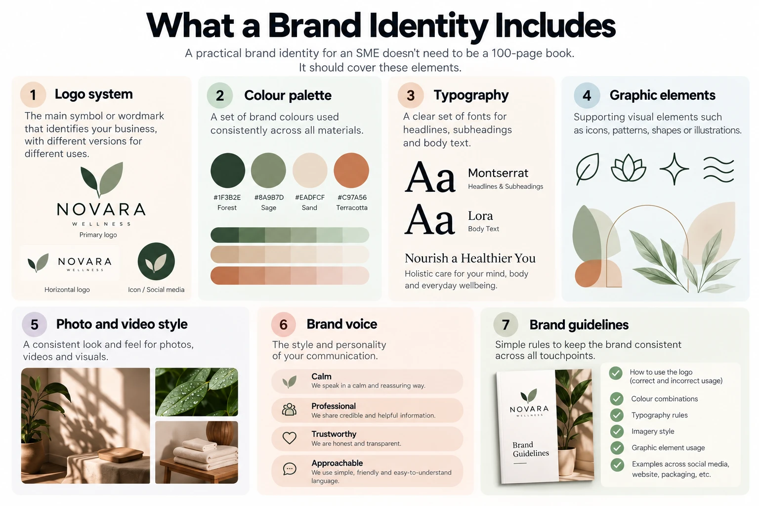 The 7 elements of a brand identity: logo system, colour palette, typography, graphic elements, photo and video style, brand voice and brand guidelines